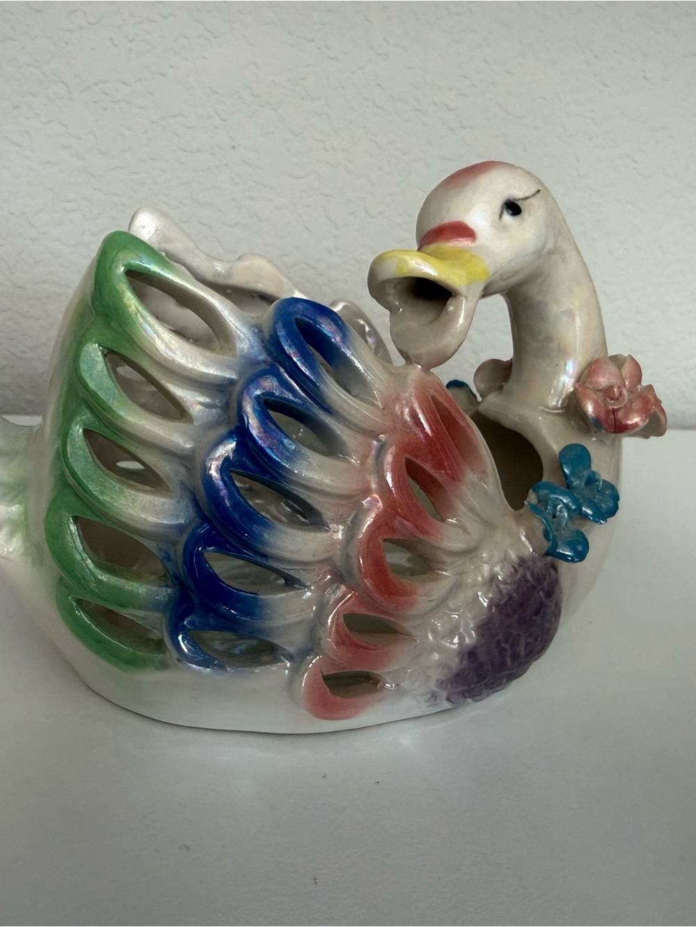 Vintage Iridescent Ceramic Swan Planter Open Wing Lusterware 6"